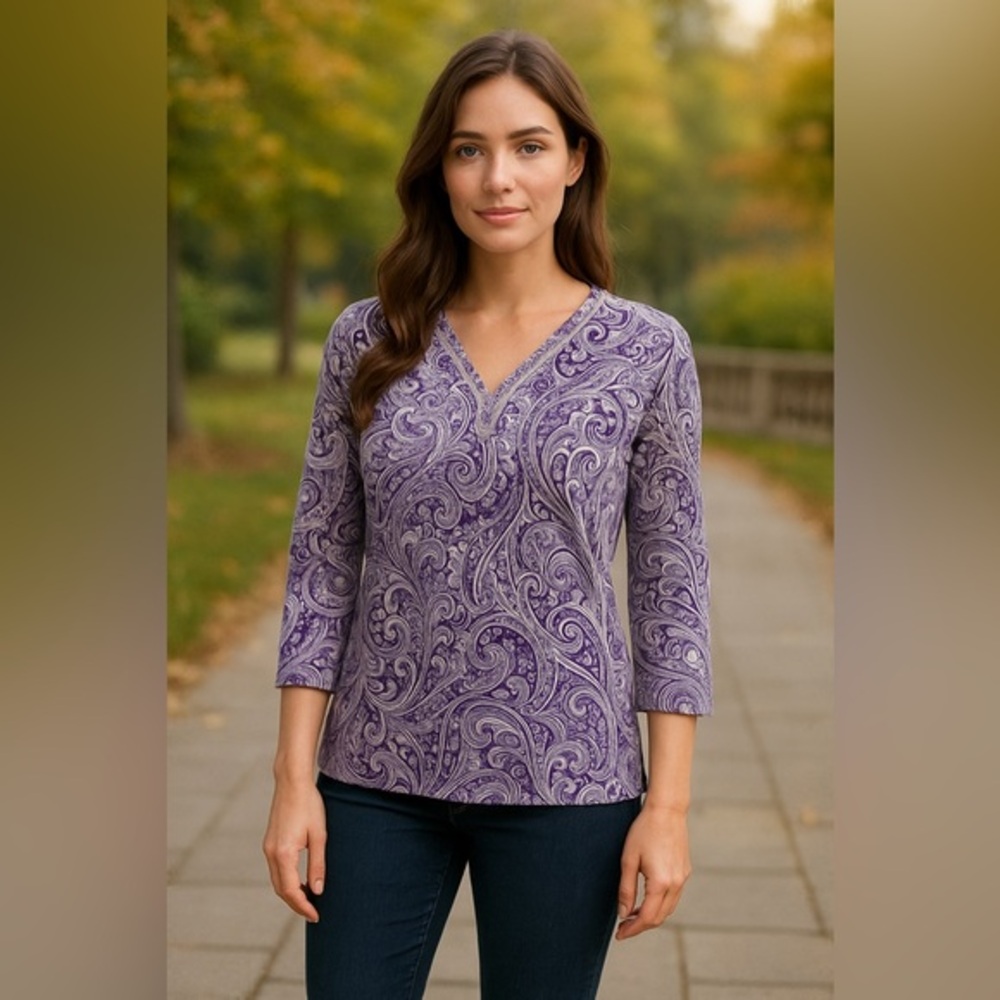 Boho Paisley V-Neck Top with Contrast Stitching by Denim & Co. NWOT M #2108